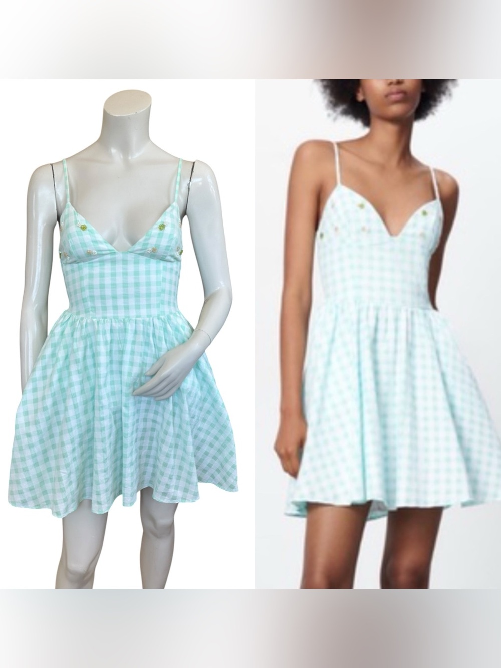 Zara Mint Green White Gingham Fit & Flare Beaded Floral Bust Mini Dress Size XS